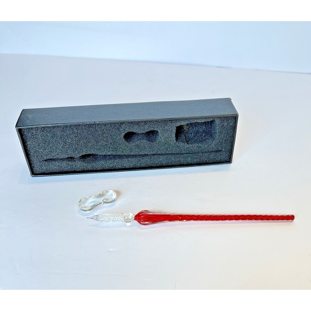 Hand Blown Red Glass Dip Pen Set with Rest and Box Spiral‎ Twisted Calligraphy
